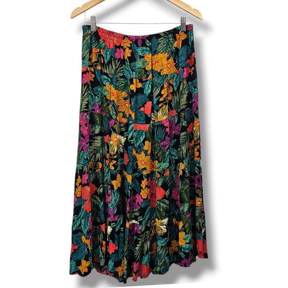 Vintage Carole Little Maxi Skirt 10P Tropical Dark Floral Tiered 90s Boho Resort - Picture 4 of 9